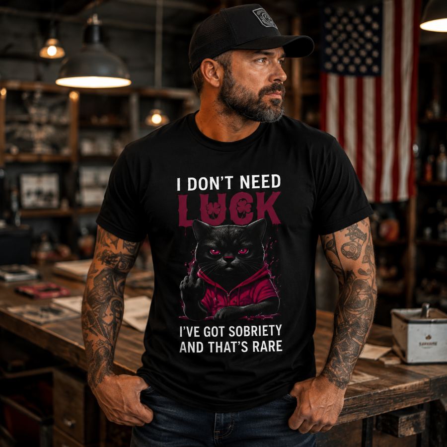 I Don't Need Luck — Sober Cat Tee — Slick Licks Labs single drop T-shirt design