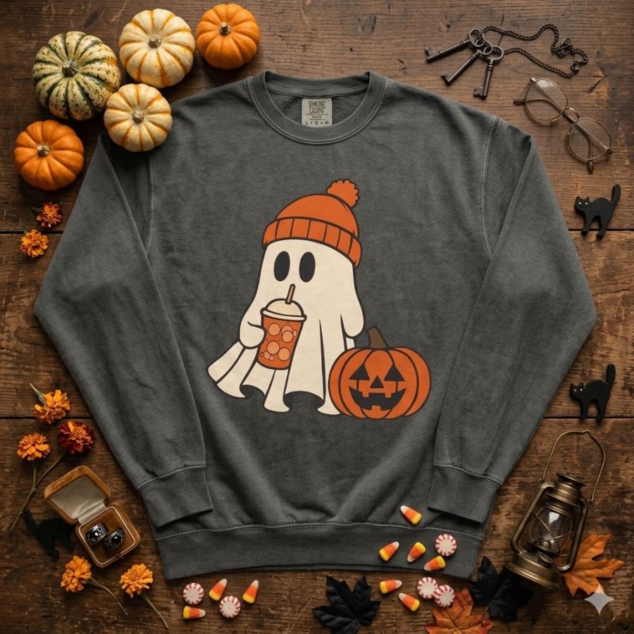 Iced Coffee Ghost — Spooky Season Crewneck — Slick Licks Labs single drop T-shirt design