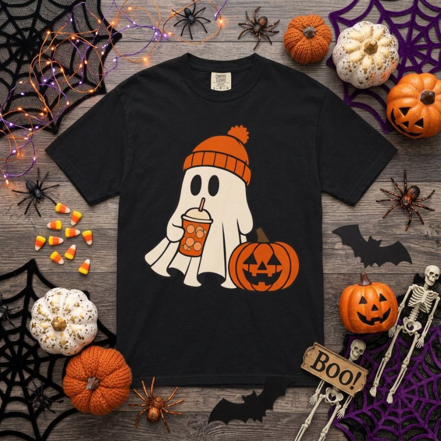 Iced Coffee Ghost — Spooky Season Tee — Slick Licks Labs single drop T-shirt design